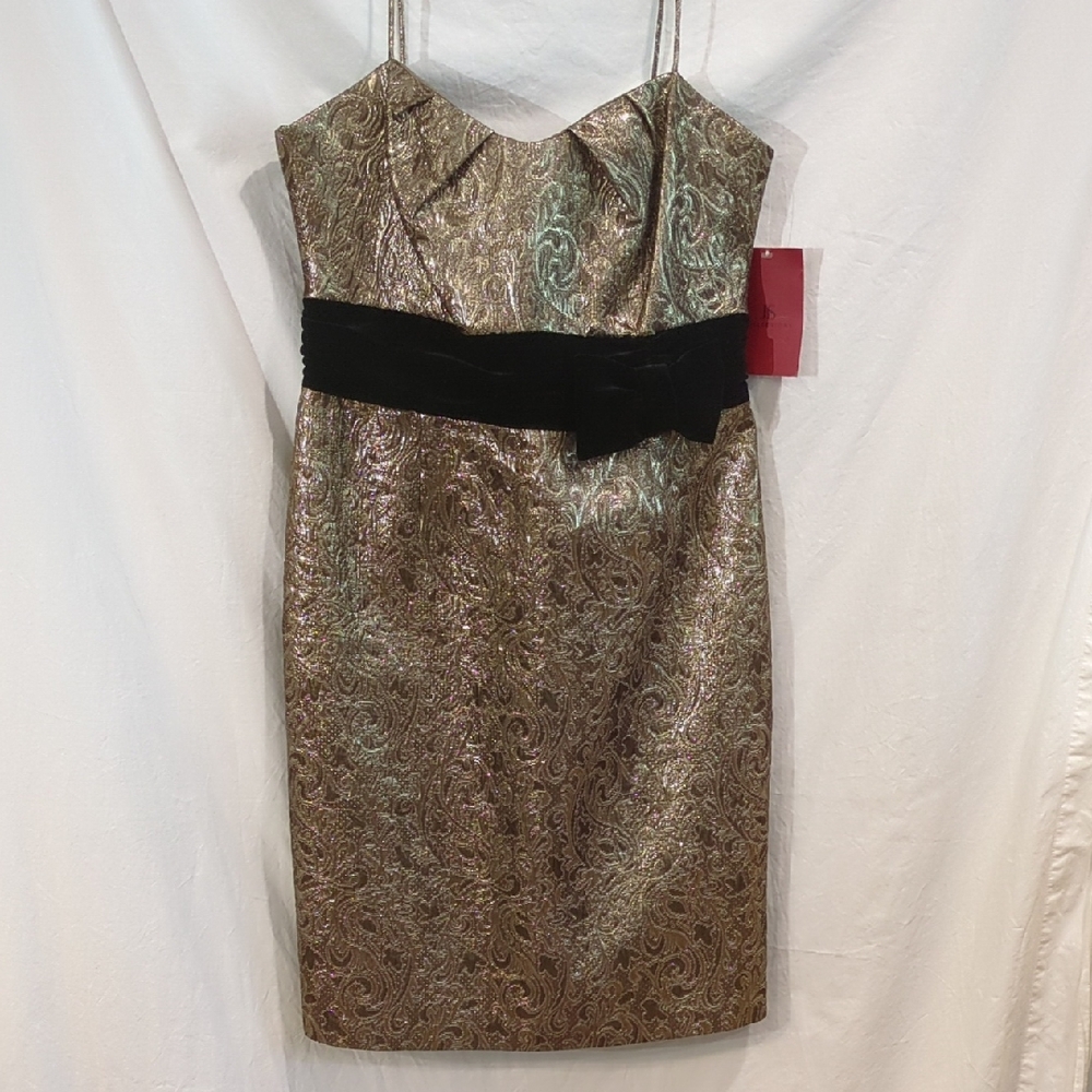 JS Collections | Metallic Gold Brocade Black Velvet Cocktail Dress | 12